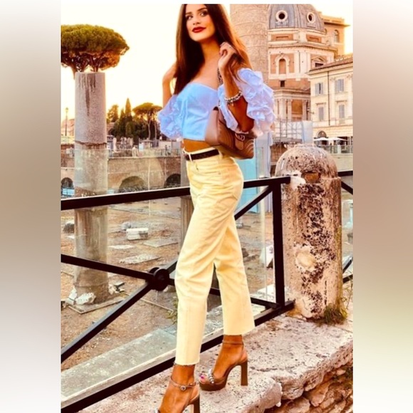 Zara Women’s Pale Yellow High Rise Frayed Hem Straight Boyfriend Crop Jeans - Picture 1 of 7